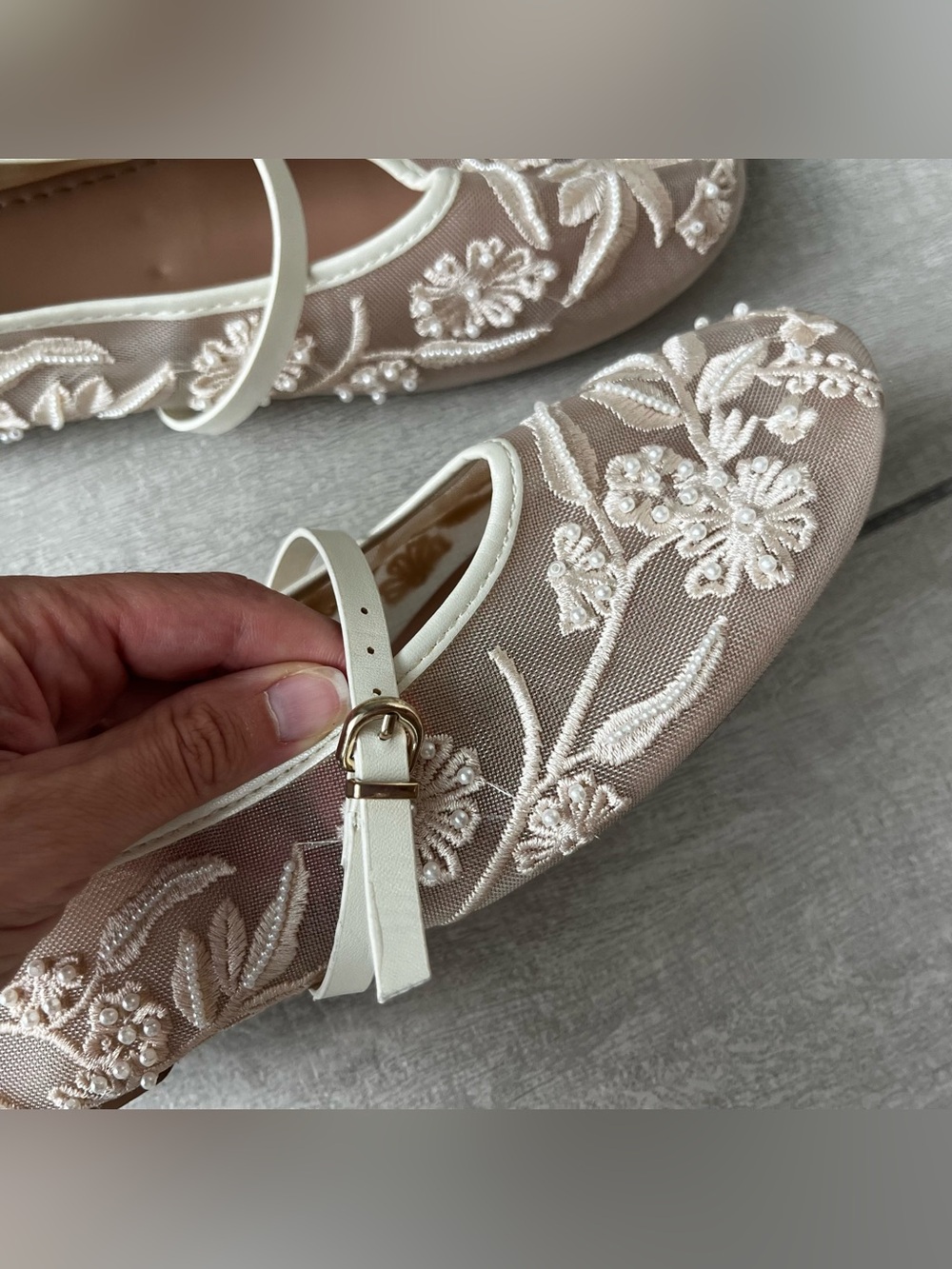 Zara Mesh Embroidered Ballet Floral Pearls Lace Flats Shoes Cream 8 Wedding Shoe - Picture 7 of 14
